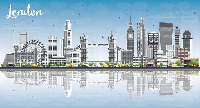 London Skyline with Gray Buildings, Blue Sky and Reflections. vector