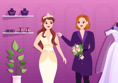 Wedding Shop with Jewellery, Beautiful Bride Gowns and Accessories Suitable for Poster in Flat Cartoon Hand Drawn Template Illustration vector