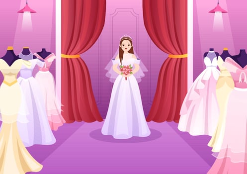 Wedding Shop with Jewellery, Beautiful Bride Gowns and Accessories Suitable for Poster in Flat Cartoon Hand Drawn Template Illustration vector