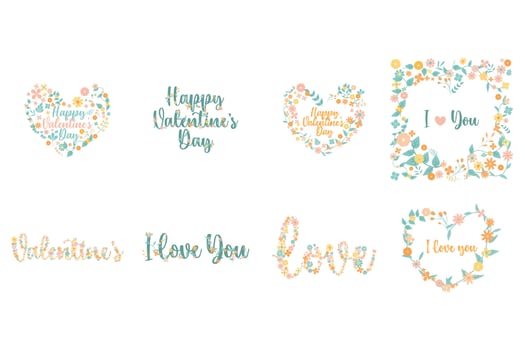 Pastel cute flower decorated on valentine word with heart shape set for decoration of valentine or wedding card vector