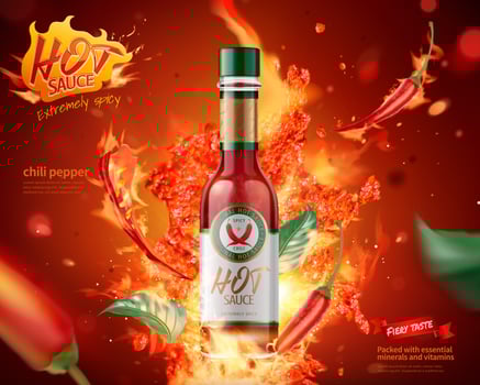 Hot sauce product ads with burning fire effect on red background, 3d illustration vector
