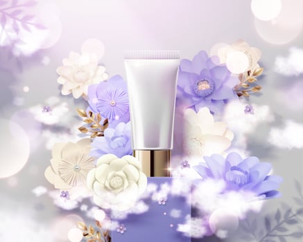 Plastic tube product ads with light purple paper flowers decoration and glitter effect in 3d illustration vector