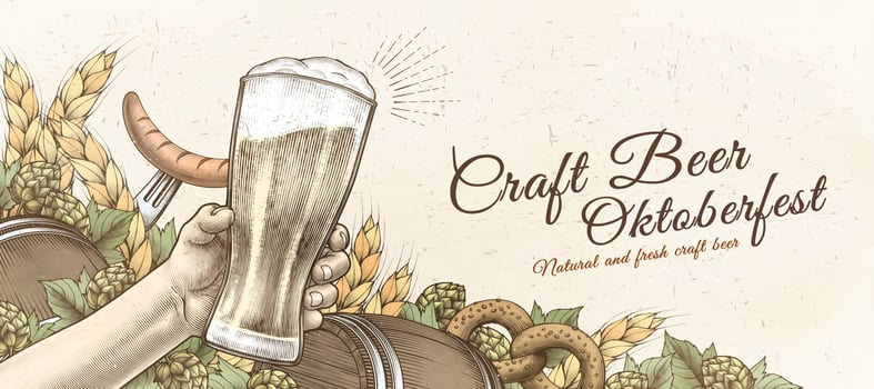 Retro woodcut style Oktoberfest banner with hand holding craft beer, pretzels, sausage and wheat ingredients vector