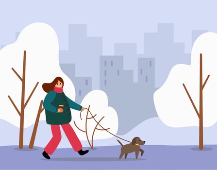Walk Your Dog Month. The girl is walking her dog. Flat style. Vector illustration.