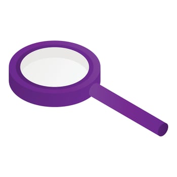 Purple magnifing glass icon, isometric style vector