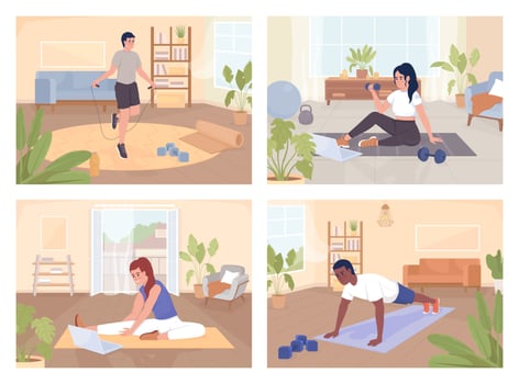 Sports exercising for healthy life flat color vector illustrations set. Athletic activity at home. Complex workout. Fully editable 2D simple cartoon characters pack with living rooms on background
