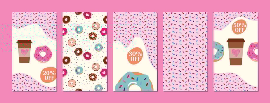 Set template for social networks. Delicious donuts. Donut posters. vector