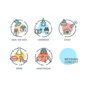 Wedding Ceremony Concept Thin Line Icons Labels Set. Vector