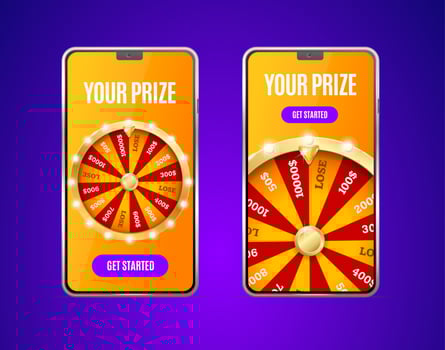 Realistic Detailed 3d Mobile Phone Screen with Casino Fortune Wheel Set. Vector