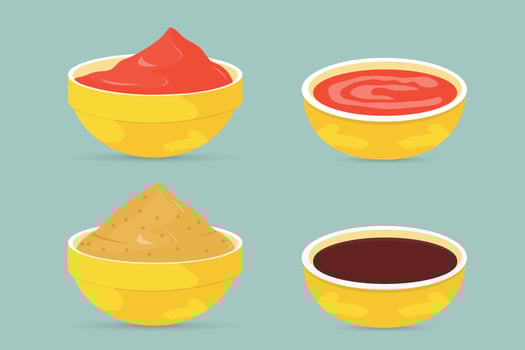 Set of different dipping sauces in bowl vector illustration.