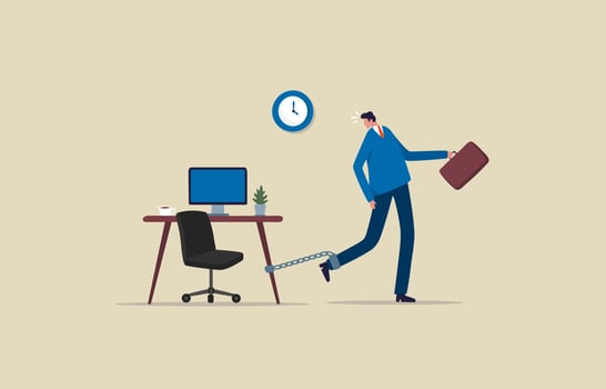 Hard working office workers. Work like a slave. Employees are attached to chains. illustration vector