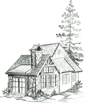 Graphic drawing of a house with an attic and a Christmas tree png