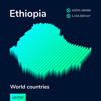 Stylized neon simple digital isometric striped vector Ethiopia 3D map in green, turquoise and mint colors on the dark blue background