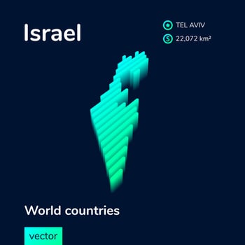 3D map of Israel. Stylized striped vector isometric Map of Israel is in neon green and mint colors on the dark blue background