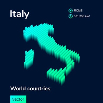 3D vector neon isometric Italy map in turquoise colors on a dark blue background. Stylized map icon of Italy. Infographic element