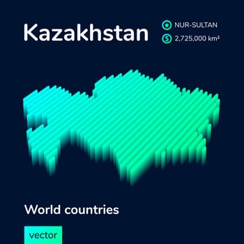 3D map of Kazakhstan. Stylized striped vector Map of Kazakhstan is in green and mint colors on the dark blue background