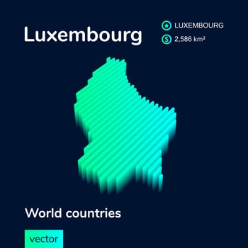 Luxembourg 3D map. Stylized striped isometric vector map of Luxembourg is in neon green and mint colors on the dark blue background