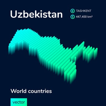 Stylized neon simple isometric striped vector Uzbekistan 3D map in green, turquoise mint colors