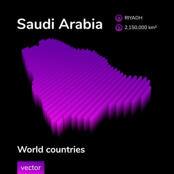 Saudi Arabia 3D map. Stylized neon digital isometric striped vector Map of Saudi Arabia in violet and pink colors on the black background