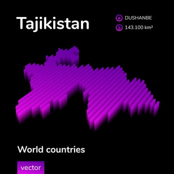 Tajikistan 3D map. Stylized neon simple digital isometric striped vector Map of Tajikistan is in violet colors on black background