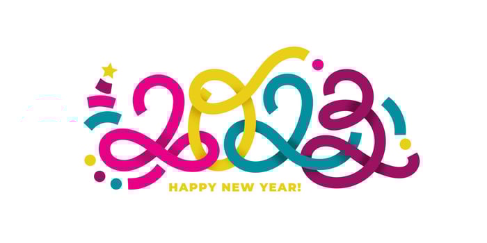 2023 vector confetti like geometric hand-drawn numbers with minimalistic elements horizontal composition. 2023 numbers design template. Happy new year minimalistic concept for greeting materials.