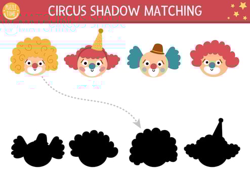 Circus shadow matching activity with cute clown faces. Amusement show puzzle with funny characters. Find correct silhouette printable worksheet or game. Entertainment festival page for kids vector