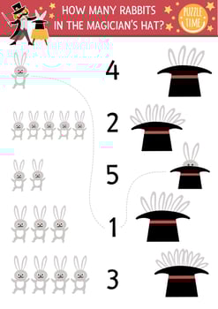 Match the numbers circus game with magician hat and rabbits. Amusement show math activity for preschool kids. Festival educational printable counting worksheet with funny character vector