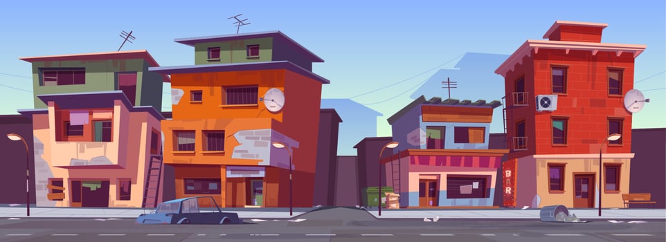 Poor dirty houses, old buildings in ghetto area vector
