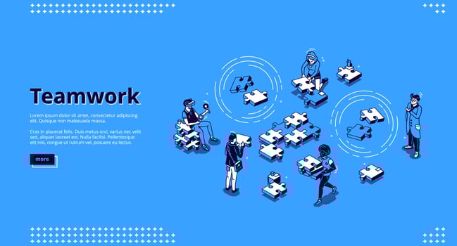 Teamwork isometric landing, creative collaboration vector
