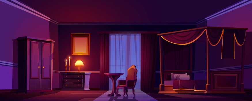 Luxury old bedroom interior at night, dark room vector