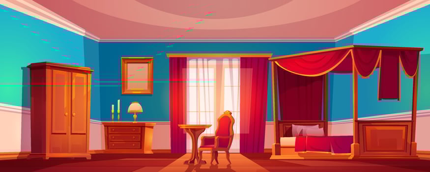 Old luxury bedroom interior with canopy bed vector