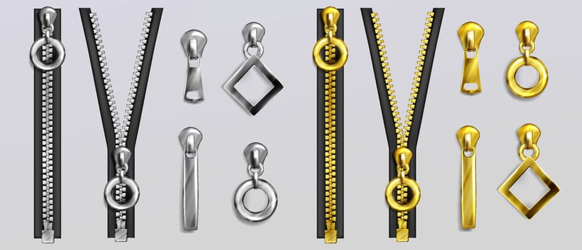 Silver and gold zippers with pullers vector