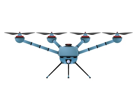 Quadcopter in realistic style. Blue Drone with camera. Colorful vector illustration isolated on white background.