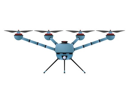 Quadcopter in realistic style. Blue Drone with camera. Colorful PNG illustration.