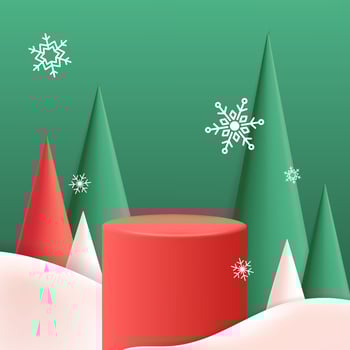 3d vector cartoon render podium stage cone shape pine trees gift box winter landscape holiday Merry Christmas banner mockup design