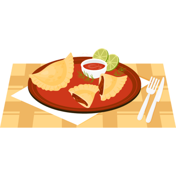 Mexican Empanadas whole and broken with stuffing in half on plate. served dish on tablecloth with knife and fork png