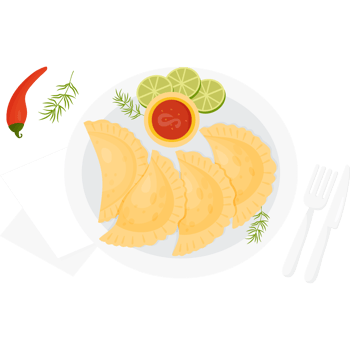 Mexican Empanadas on plate with sauce, lime slices and chili peppers. Serving dishes png
