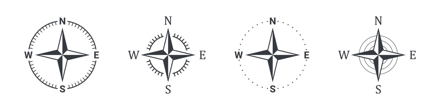 Compass icons. Navigation equipment sign. Compass direction sign. Wind rose icon. Vector illustration