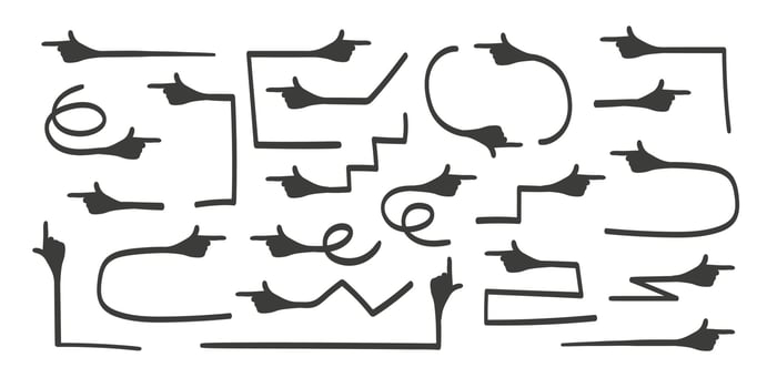 Arrows icon. Hand drawn arrow vector set. Hand with index finger, arrow icon. Vector illustration