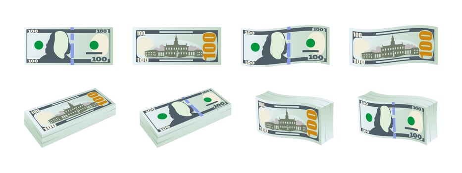 Dollar banknotes. Hundred dollar bills. Money icons. Dollars banknotes set. Vector illustration