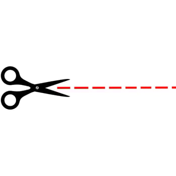 Scissors vector icon with red cut outline on white background. Paper, hair and plastic cutting tools.