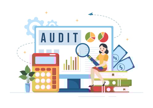 Business Audit of Documents with Charts, Accounting, Calculations and Financial Report Analytics in Flat Cartoon Hand Drawn Templates Illustration vector