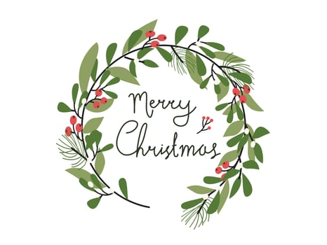 Christmas wreath ornament, holiday circle decoration with red berries and leaf.merry christmas greeting card vector