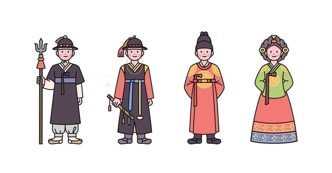 Joseon, an old Korean nation. Character in police officer, police captain, king and queen costume. outline simple vector illustration.