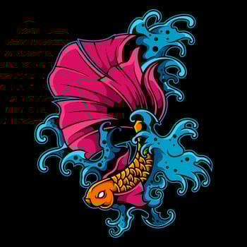 Betta Fish Illustration with Japanese Wave vector