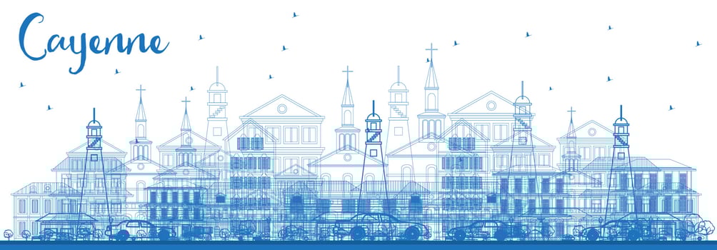 Outline Cayenne Skyline with Blue Buildings. vector