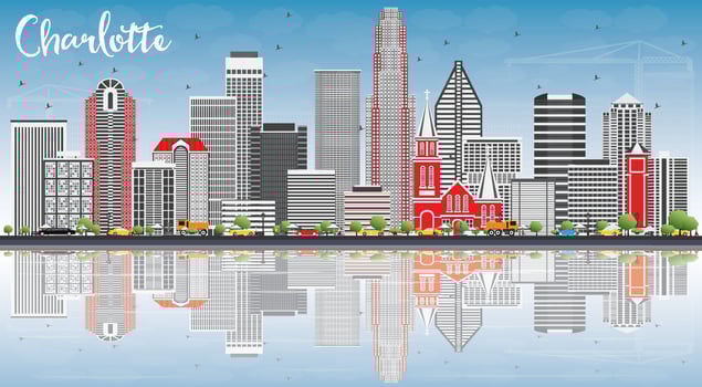 Charlotte Skyline with Gray Buildings, Blue Sky and Reflections. vector