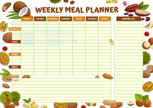 Weekly meal planner or schedule with cartoon nuts vector