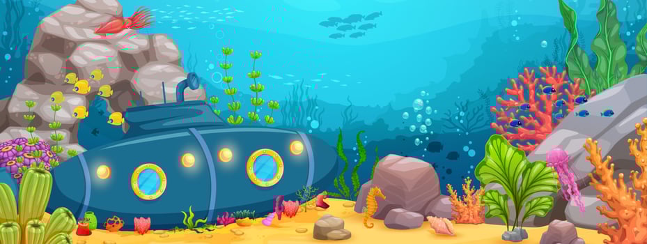 Underwater landscape sunken submarine on bottom vector