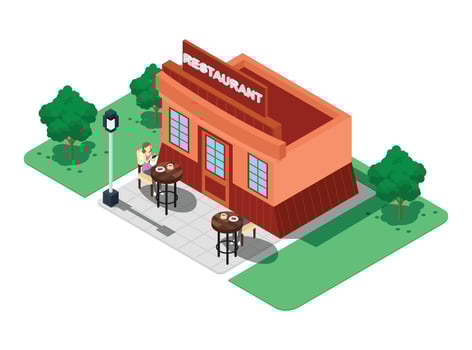 3d isometric roadside restaurant with shoppers buying food. Vector Isometric Illustration Suitable for Diagrams, Infographics, And Other Graphic assets